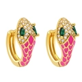Golden snake hoop earrings with pink heart enamel and sparkling crystal details - Rose Red
