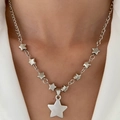 Silver liquid lava necklace featuring multiple small stars and a large central star pendant - Silver Pentagram Decorative Necklace (10218)
