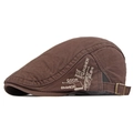 Classic dark brown cotton flat cap with side embroidery and adjustable metal buckle back - Coffee