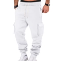 Detailed view of white men's fleece cargo pants with drawstring waist and utility pockets - S / White