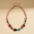 Detail of vintage necklace featuring pink pearls and colorful gemstone pendants - Retro Multi-color Gemstone Splicing Imitation Pearl Necklace / Colorful