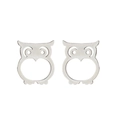 Detailed view of silver owl stud earrings with minimalist cutout design on white background - 273 Owl / Steel