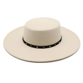 Vintage beige flat top wool felt hat with a wide brim and studded decorative band - M (56-58cm) / Beige