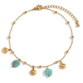 18K gold plated stainless steel anklet with turquoise stone beads and seashell charms - Gold