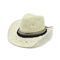 Détail du chapeau de paille crème avec pompons noirs, paillettes et tresse ethnique - M(56-58cm) / Blanc Cassé