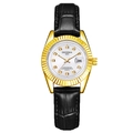 Men's luminous quartz watch with gold steel case, date window and black leather strap - Black Strap Gold Case White Dial Women's