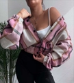 Detail of pink plaid jacket showing thick wool-like texture and elastic waist design - S / Pink