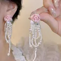 Close-up of pink rose earrings with elegant long white pearl tassel drop pendants - Pink Rose Flower Pearl Tassel (1# Silver Earring Post - Pink)