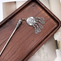 Detailed view of ancient style silver hair stick with tassel on a dark wooden tray - F0742 Hair Stick-8# (Lucky Cloud Pattern Tassel)
