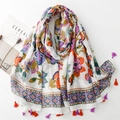 Linen feel floral scarf with colorful watercolor flowers and elegant tassels on white - White Base Purple Orange Green Floral (SL2402-002)