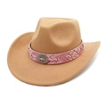 Detail of khaki wool felt cowboy hat featuring a pink boho ethnic band and metal buckle - M (56-58cm) / Camel