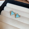 Macro shot of light blue resin heart earrings with gold edges and crystals in jewelry box - Silver Needle Heart Stud Earrings - Blue (19#)