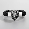 Men's braided black leather bracelet featuring a silver lion head charm in steel - Lion Head (KB30272-D)