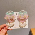 Pink floral hair clips with pearls and tassels for girls Chinese Hanfu style - Bailu Pair Set