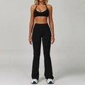 Two-piece black yoga set with halter v-neck sports bra and flared high-waist pants - S / Bra Style 2 + Flare Pants / Premium Black