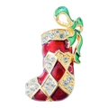 Close-up of a Christmas stocking brooch with red enamel, gold plating, and rhinestones - Christmas Sock 3