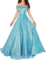Détail de la robe de soirée bleu glacé à paillettes, épaules dénudées et coupe trapèze longue - US size 2 / Bottoms / Bleu lac
