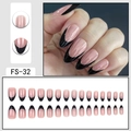 French style short almond press-on nails set in nude pink with chic black tips - FS-32 Nude Pink Base Black Tip Oval Shape