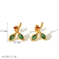 Detail view of gold leaf stud earrings with green and red gems, 15.6mm size and 2.4g weight - Leaf Red Green Gemstone Studs (TE6736)