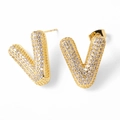Elegant gold letter V stud earrings with sparkling pavé cubic zirconia inlay - Letter V