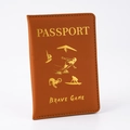 Detail of vintage brown PU leather passport holder with gold-stamped sports icons - Brown