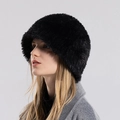 Women's warm winter faux fur beanie in solid black with fluffy plush texture - Black