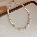 Elegant white and pink pearl choker necklace with gold-plated adjustable chain - 34# Pink Series-8mm Color Blocking Artificial Pearl Necklace