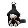 Sac de poitrine mignon en toile noire avec poupée ours en peluche 3D pour femmes - Noir