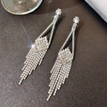 Elegant silver long tassel earrings with sparkling rhinestones for formal evening events - Silver Tiered Rhinestone Tassel (478)