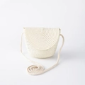 Detailed close-up of woven cream straw bag with cylindrical shape and matching shoulder strap - Off-white Flip Bag (15*13cm)