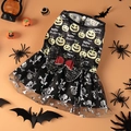 Halloween pet dress with pumpkin print, black mesh bow and silver skull patterns - S / Halloween Pumpkin Dress Black
