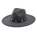 Detailed view of the dark grey wide-brim wool fedora hat with studded leather band - M (56-58cm) / Dark Gray