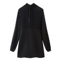 Black high-neck dress with pleated chiffon long sleeves and fitted hip-hugging skirt - XS / Black