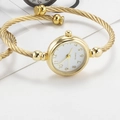 Elegant gold quartz bangle watch featuring a white dial and twisted rope bracelet design - Arabic Numerals Gold Band White Dial