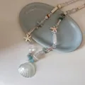 Three-layer vintage beaded necklace featuring large shell pendant and starfish beads - 5# Necklace-Blue-Shell