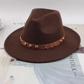 Brown wool felt fedora hat featuring a vintage leather band with metal rivets - Flat Brim Rivet Wave Decor / Coffee