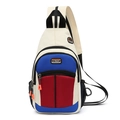 Multicolor sports sling bag in white, blue, and burgundy with bright orange zippers - White and Red