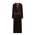 Chocolate brown V-neck velvet midi dress with long sleeves and elegant ruched texture - XS / Coffee