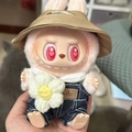 Pink Labubu doll wearing beige bucket hat and denim overalls with heart eyes detail - New Spring Field Four-piece Set / First And Second Generation Keychains Are Compatible With La Cloth Dolls. Dolls Not Included.