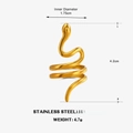 Golden stainless steel snake ring featuring a coiled design with specific dimensions - Gold