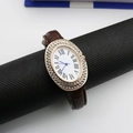 Elegant oval quartz watch for women with rhinestone bezel and brown leather strap - Coffee Roman Dial