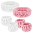 Set fascia e polsini in pile di corallo rosa e bianco per lavare il viso - Set da 6 Pezzi / Rosa Coreano e Bianco