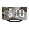 Mirror LED digital alarm clock with black curved base and white display showing 6:00 - Black Shell White Light