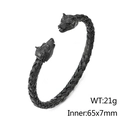 Matte black stainless steel wolf head cuff bracelet with braided texture, 65x7mm size - Black Wolf Head Style (KB125357-BDJX)