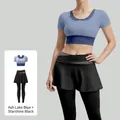Blue short-sleeve crop top and black layered leggings sports yoga set with running print - S / Top And Bottom / Grey Lake Blue + Starry Black