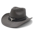 Dark grey western straw cowboy hat with a metal bull head ornament and silver studs - M (56-58cm) / Black and Gray