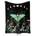 Detail of soft flannel blanket featuring green lunar moth, moon phases and floral print - Single Layer Flannel 130x100cm / Green Silk Moth