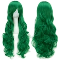 Long wavy dark green cosplay wig with bangs shown in front and back views - Bright Green