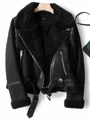 Detail of black faux suede aviator jacket featuring thick shearling lining and metal zippers - XS / Black