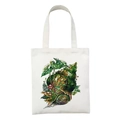 White canvas tote bag featuring an artistic nature-themed shell and mushroom illustration - Moss Fern Conch Style (STD27-E)